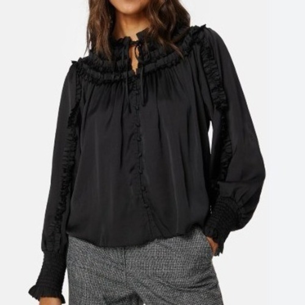 NWT Talbots Black Ruffle Tie Neck Satin Blouse Smocked Cuff Petitie Medium